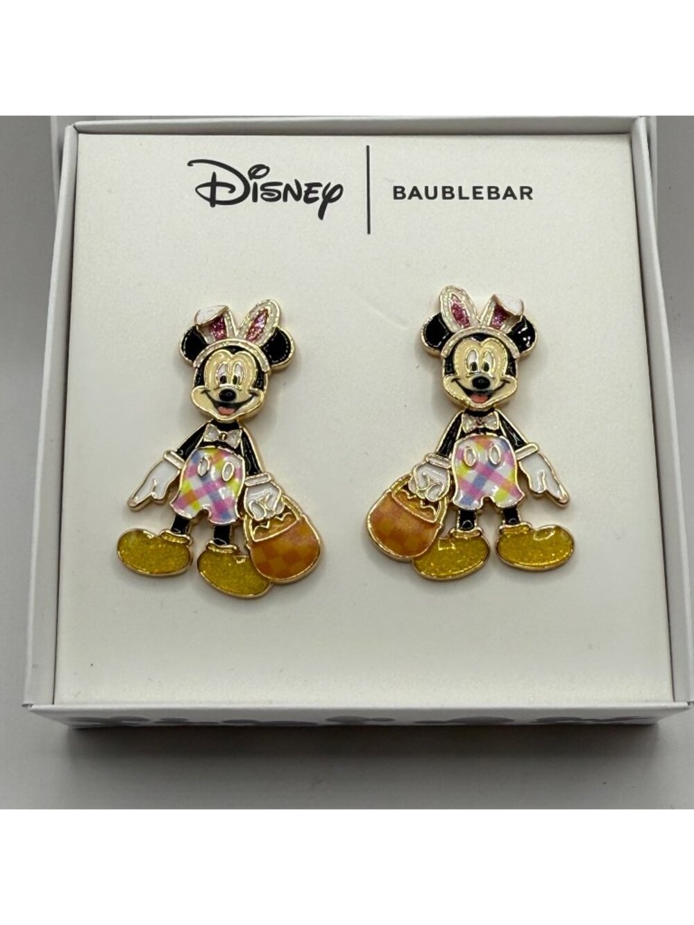 Disney x BaubleBar Minnie Mouse Easter Bunny Pastel Gingham Dangle Earrings NIB